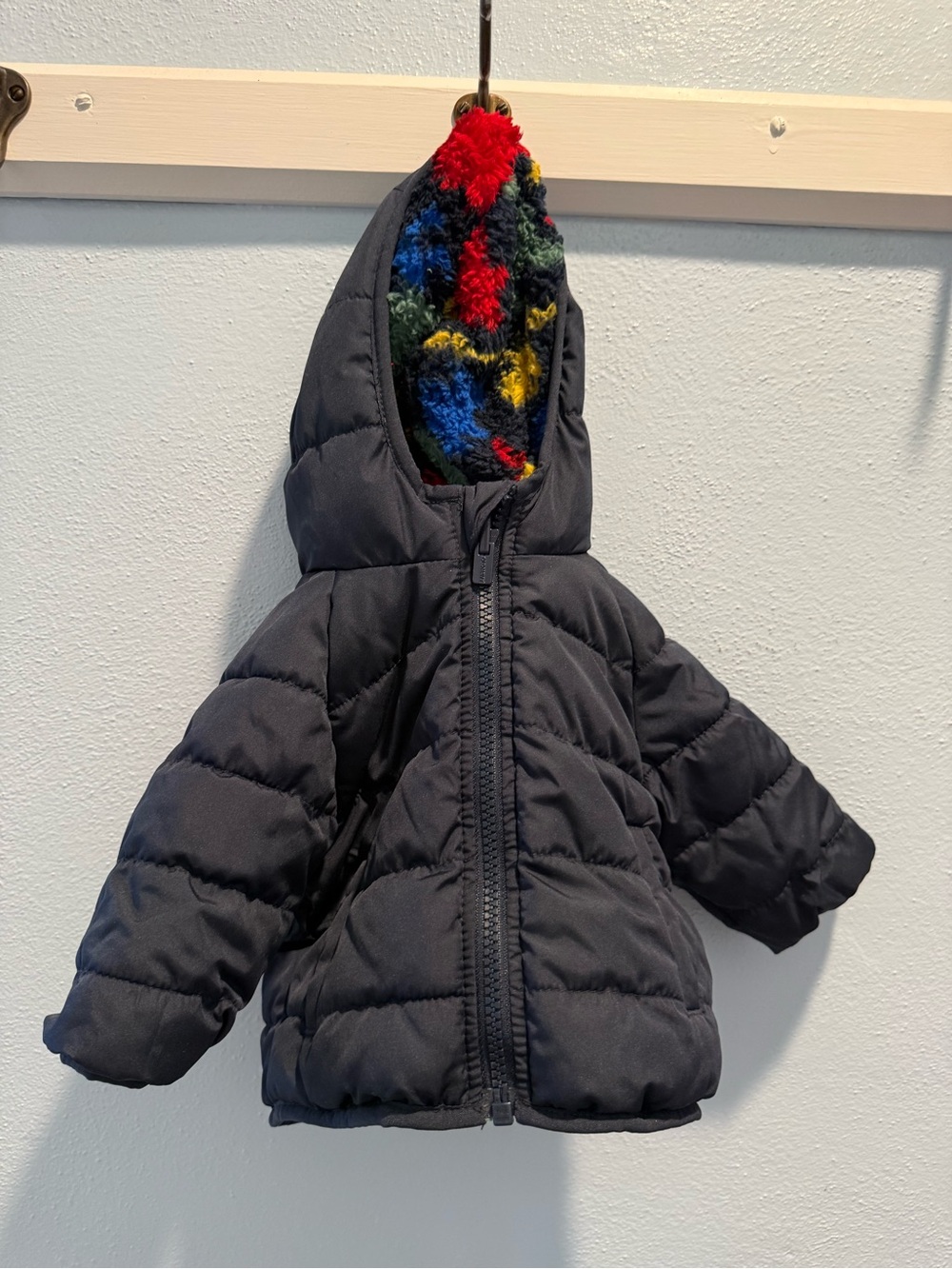 Old Navy Black Puffer Jacket with Colorful Faux-Fur Hood Lining